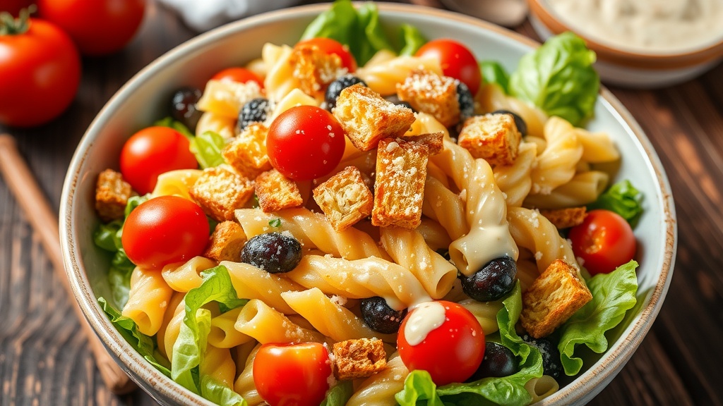 Delicious Caesar Pasta Salad Recipe A bowl of Caesar Pasta Salad with rotini, romaine lettuce, cherry tomatoes, and croutons, topped with parmesan cheese on a rustic table.